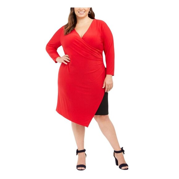 NWT Tommy Hilfiger Womens Plus Size Faux-Wrap Asymmetric Sheath Dress Red 18W - Picture 1 of 10
